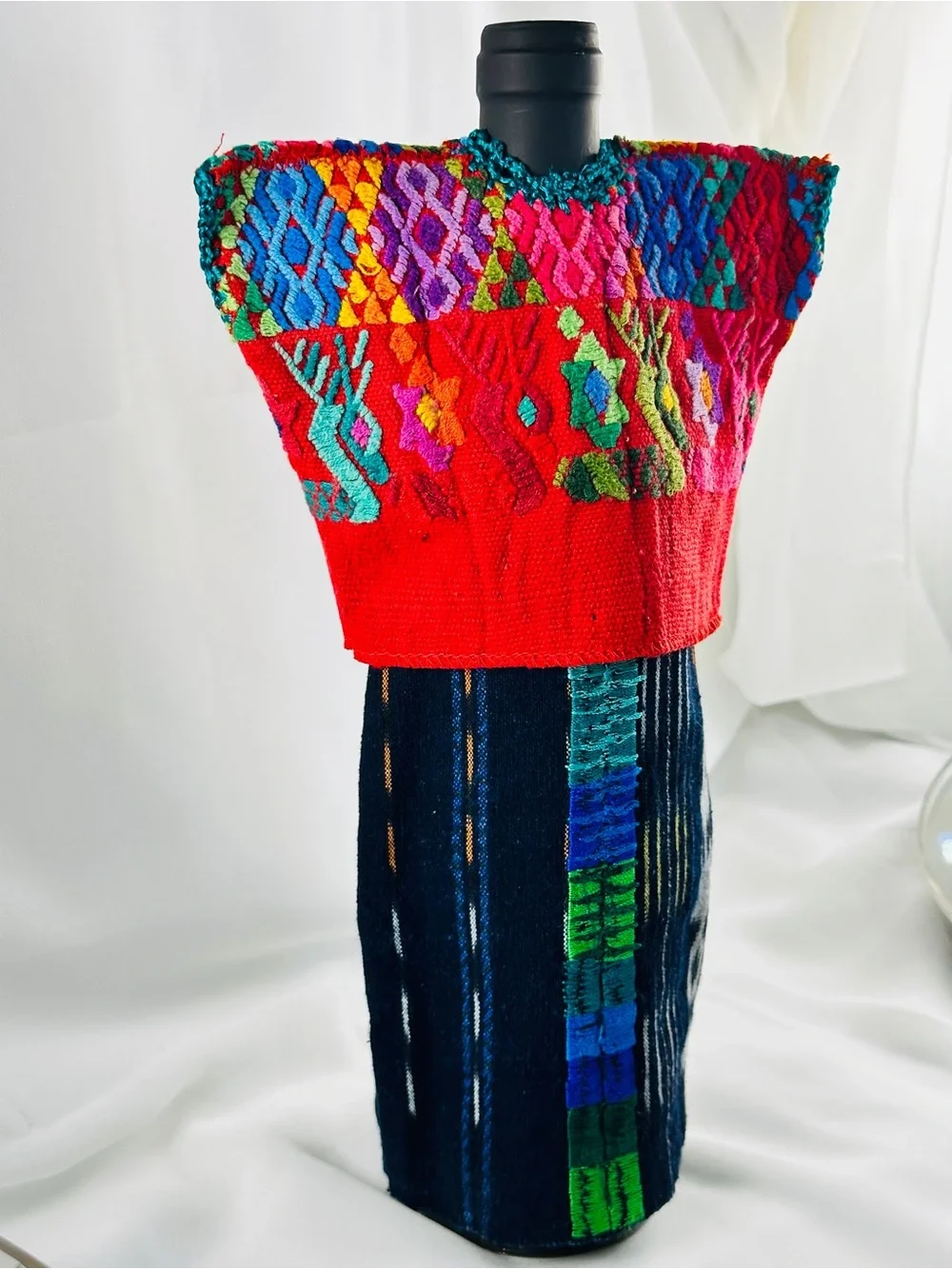 Handmade Guatemalan Wine Bottle Cover | Traditional Huipil Dress from Patzun